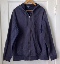 Vtg Polo Ralph Lauren Navy Cotton Full Zip Pony Hoodie XL Classic Light Distress