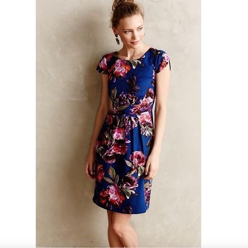 MOULINETTE SOEURS Anthropologie Size 4 Sheath Dress Blue Floral Pockets Rosado