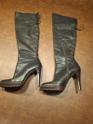 STUART WEITZMAN OTK BOOTS 10M BROWN LEATHER SPAIN REAR LACE PARTIAL ZIP PLATFORM