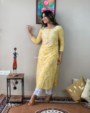 Woman Yellow Muslin Kurti Pant Set Women Floral Embroidered Ethnic Wear