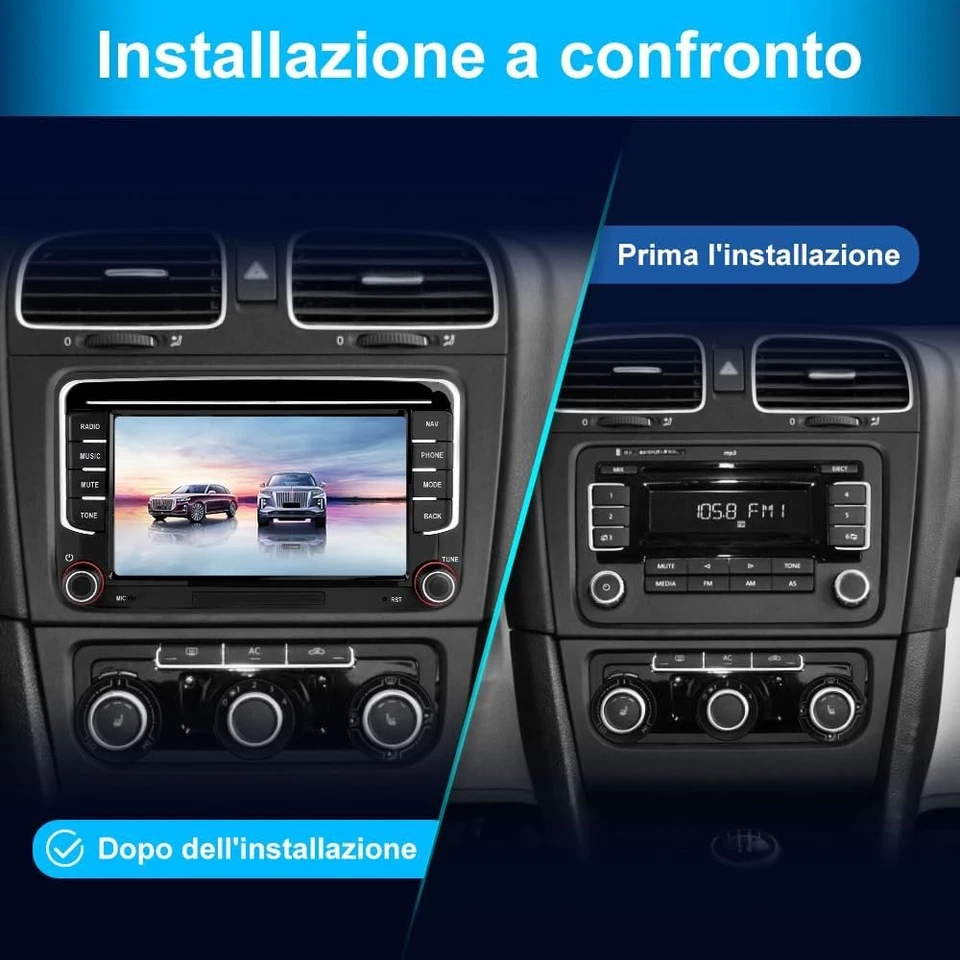 Carplay Autoradio 2+64G 7" Bluetooth GPS RDS per VW Golf 5 6 Plus Polo Passat - Immagine 2 di 4