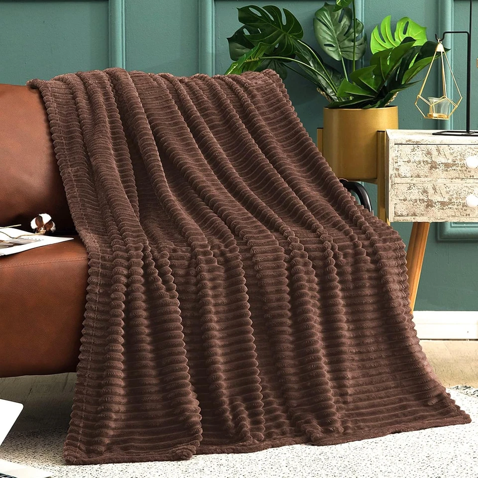 Flannel Fleece Throw Blanket(50X70 Inch), 300GSM Cozy Brown Stripe Throw for  - Image 2 of 4