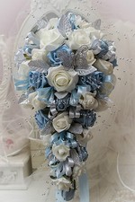 Wedding Flowers Teardrop Bridal Bouquet in Pale Blue and Ivory/silver