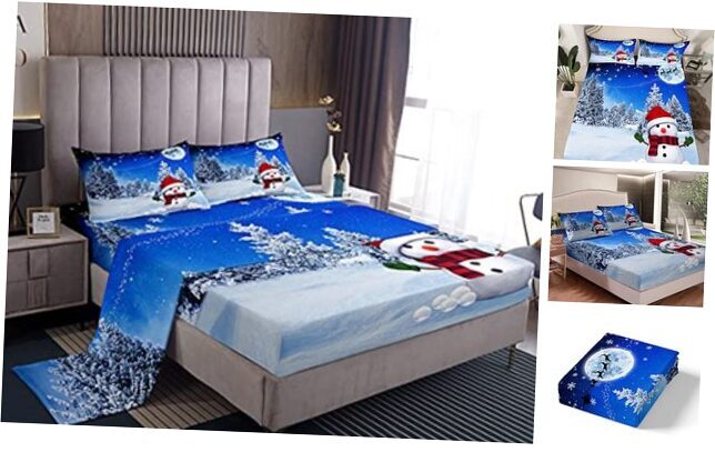 Christmas Bed Sheets Reindeer Snowman Snowflake Sheet Set for Queen Multi 15-image
