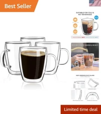 Double Wall Coffee Mugs, 4-Pcak 16 Ounces-Clear Glass with Handle,lnsulated,C...