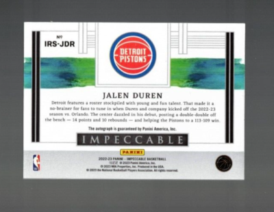 Jalen Duren 2022-23 Panini Impeccable Rookie Signatures Auto RC #d 