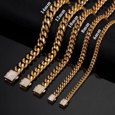 6-14mm Gold Tone Stainless Steel Miami Cuban Link Chain Necklace 16-40  for Men