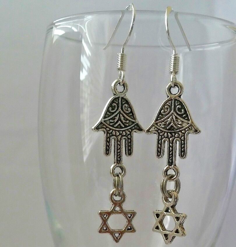 925 Sterling Silver Hook Hamsa Hand Jewish Star Of David OM Dangle Drop  Earrings