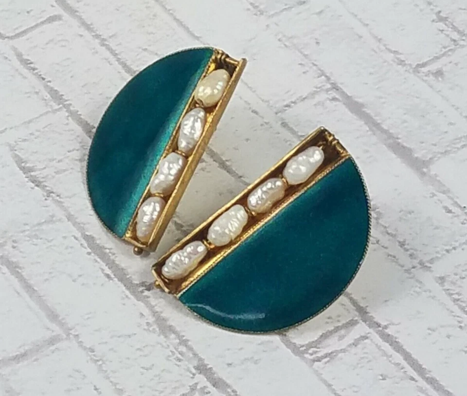 Pendientes semicírculos artesanales de perlas de agua dulce con esmalte verde azulado de oro 925 ÚNICOS Foto 4 de 4