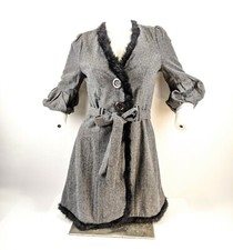 Lovestitch Pea Coat Womens Sz S Gray Wool Blend Balloon Sleeve Faux Fur Trim Nwt