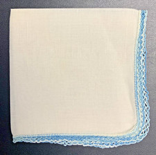 Vintage Ombre Blues Border BRIDAL Hand CROCHETED Edges LINEN Handkerchief EUC