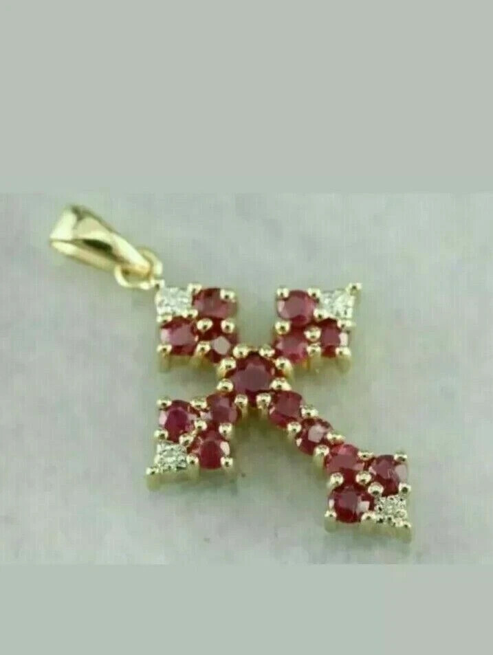2Ct Round Cut Lab Created Red Ruby Cross Charm Pendant 14k Yellow Gold Plated