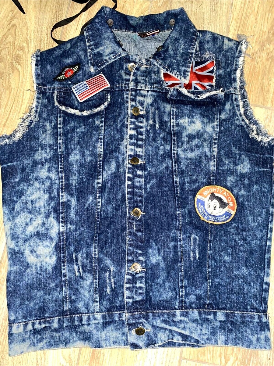 Hudson Outerwear Denim Jean Vest w/ Flag USA UK Patches Sz