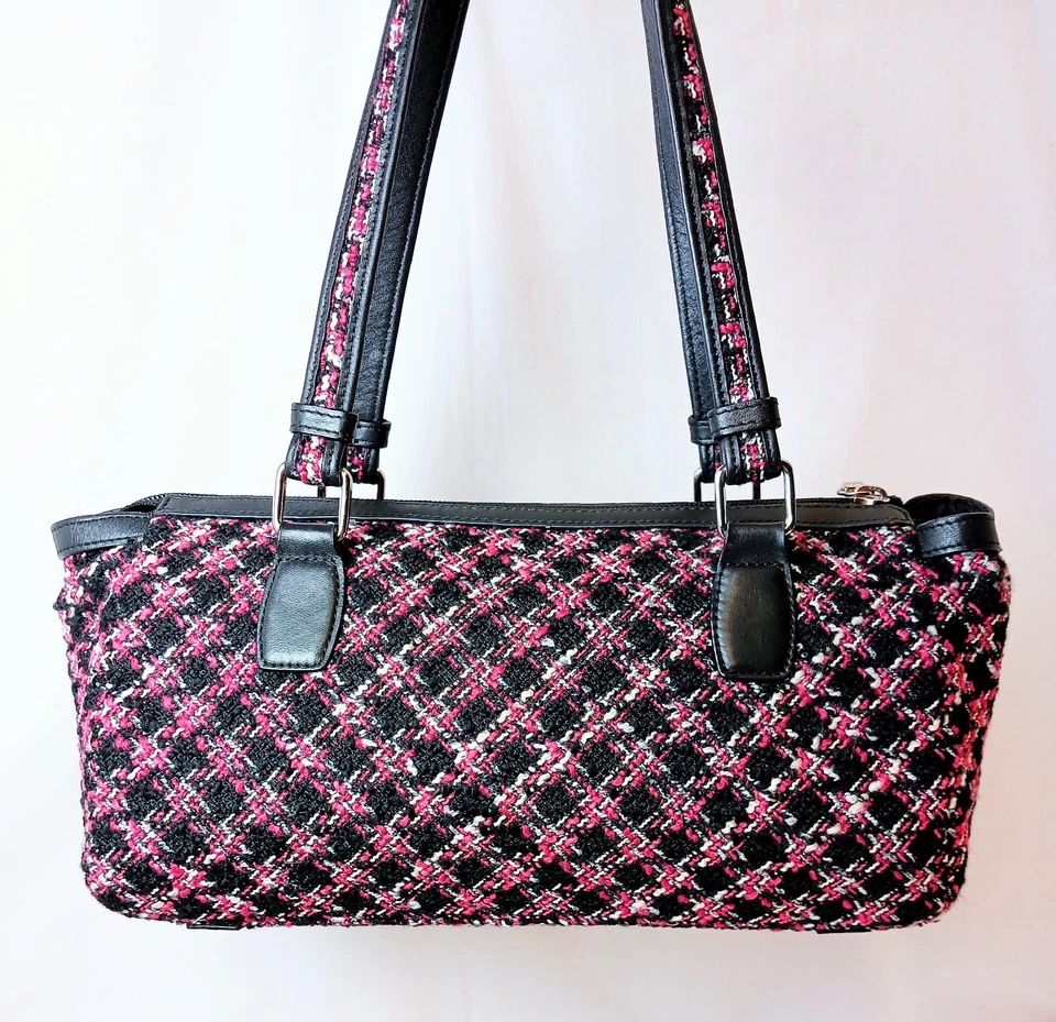 Bolso Cartera TALBOTS Vintage Rosa/Negro/Gris Tweed y Cuero Doble Asa Foto 2 de 4
