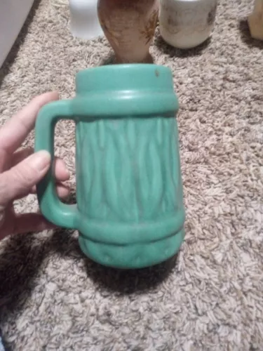 Vintage Barrel Mug Stein Mid Century Barware Made USA Rustic Aqua Ceramic 8.5 in