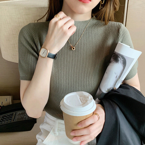 Women Korean Fashion Summer Short Sleeve Knit Basic Pullover Tops Blouse Shirts - Afbeelding 17 van 25