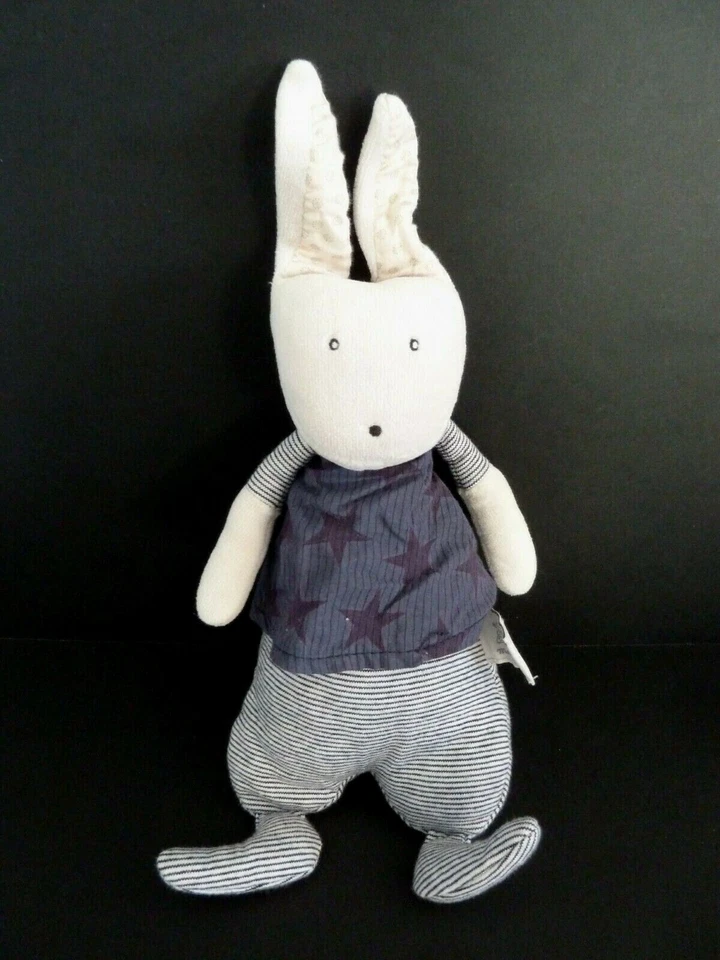 Q9. DOUDOU PELUCHE MOULIN ROTY LAPIN AIME ET CELESTE RAYE BLEU ETOILE 24cm TTBE - Photo 2/3