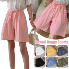 Women Cotton Linen Wide Leg Shorts Elastic Waist Casual Loose Shorts Half Pants