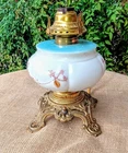 Antique Victorian Milk Glass Painted Oil Lamp 9"