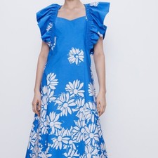 0444 NWT Zara Blue Floral Midi Dress 100% Cotton Ruffle Sleeve Flower Print 