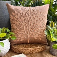 Cushion Cover Orange 16"x16", Home Decor Silk Tree Beaded - My Wish Tree