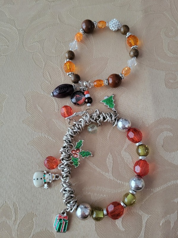 2 Charm Bracelets, Christmas And Football, Red Green, Orange Brown, Silvertone