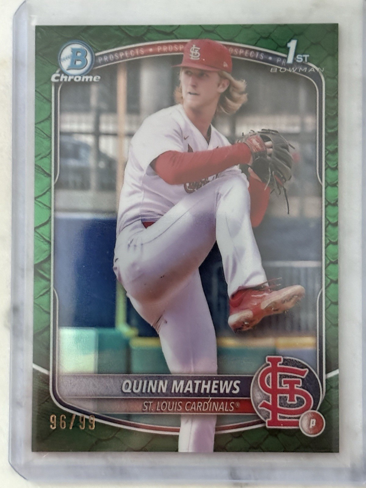 2025 Bowman Chrome 1st Quinn Mathews Cardinals Green Reptilian Refractor /99