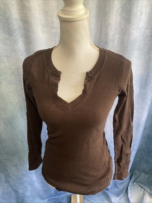 Vtg 90s Y2K Energie Brown Ribbed Long Sleeve Top M Fairy Grunge Cotton Henley