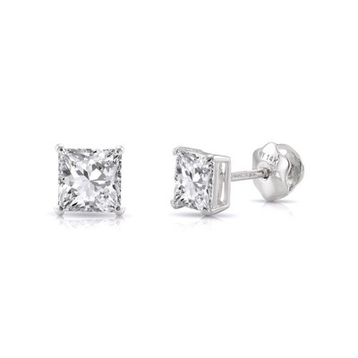 14K Solid White Gold D FL Solitaire Princess-Cut Diamond Stud Earrings Lab Grown
