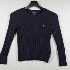 Polo Ralph Lauren Sweater Girls 7 Blue Cable Knit Cotton Crewneck Pony Logo