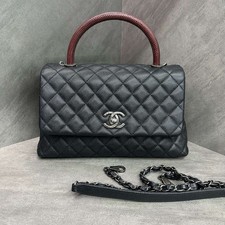 Chanel Coco Handle Black Caviar Quilted Bag Silver CC Lock Lizard Top Handle Bag