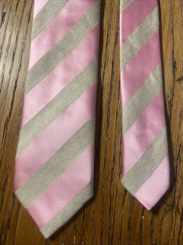 Corbata Thomas Rosa Fina Reino Unido Tejida a Rayas Seda y Lino Usada en Excelente Condición Hecha en Marruecos Foto 4 de 4