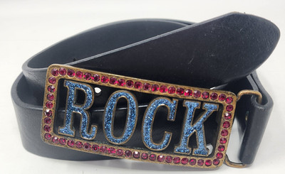 Vintage Joomi Joolz Rock Leather Belt Women's S Rhinestone Brass Buckle Black