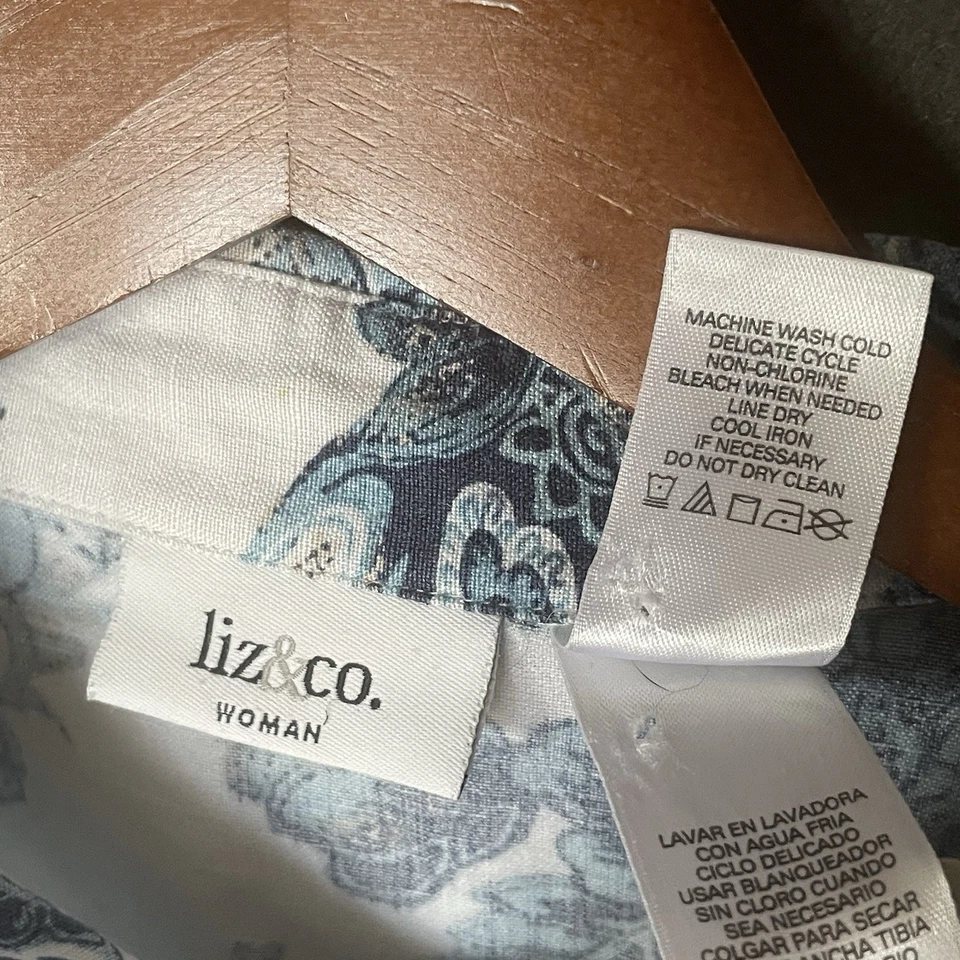 Liz & Co Top Womens Sz 2X White Blue Linen Blend Paisley Button Up Shirt Coastal - Image 4 of 4