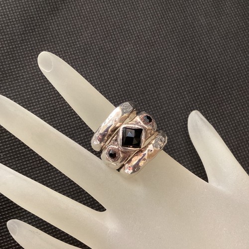 Sterling Silver Hammered Handmade Designer Black Onyx Brutalist Ring 8.25 Signed - Picture 7 of 13