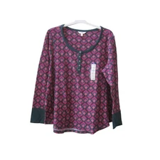 NWT TERRA & SKY Green Pink Geo Waffle Weave Semi Fitted Long Sleeve Shirt Sz 2X