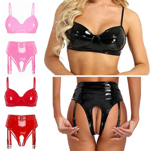 Damen Leder Wetlook Push Up BH Tops Aushöhlen Höschen Dessous Babydoll - Bild 2 von 42