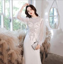 Women's Puff Sleeve Beaded Falbala Mermaid Evening Dress Cocktail Wedding b34