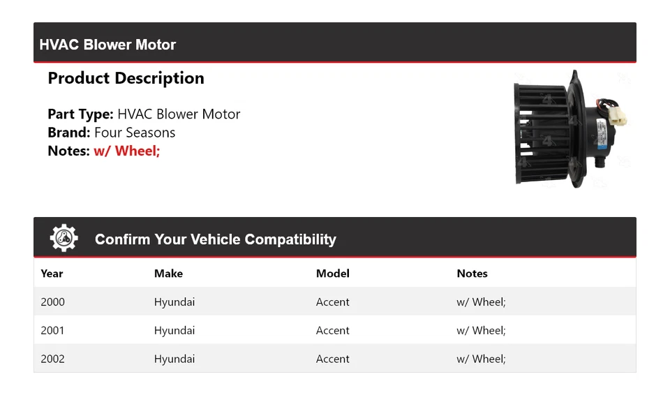 For 2000-2002 Hyundai Accent HVAC Blower Motor 4 Seasons 2001 - Image 2 of 4