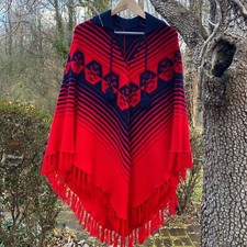 Vintage Red and Blue Fringed Poncho Cloak