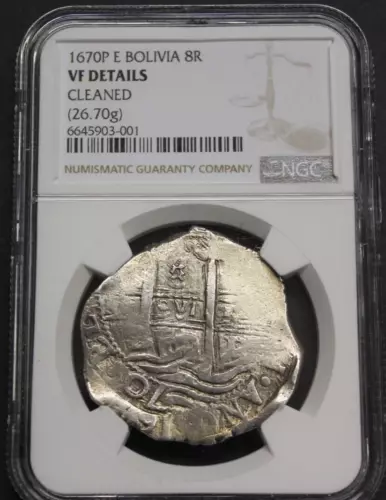 1670 POTOSI 8 REAL COB NGC VF CHARLES II BOLIVIA ASSAYER E SILVER COLONIAL ERA