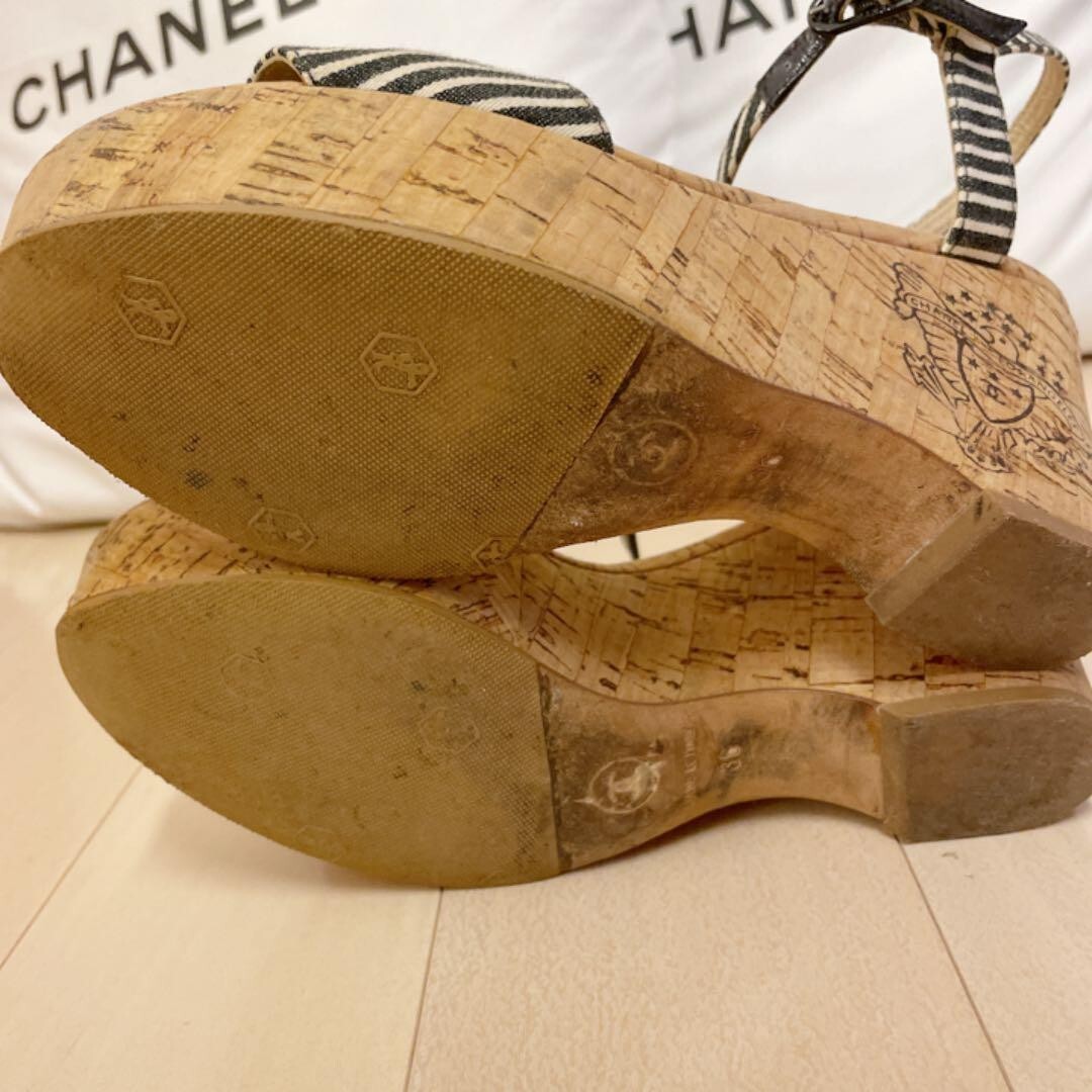 CHANEL Black CC Logo Stripe Wedge Ankle Strap Sandals EUR36 CHANEL Black CC Logo Stripe Wedge Ankle Strap Sandals EUR36