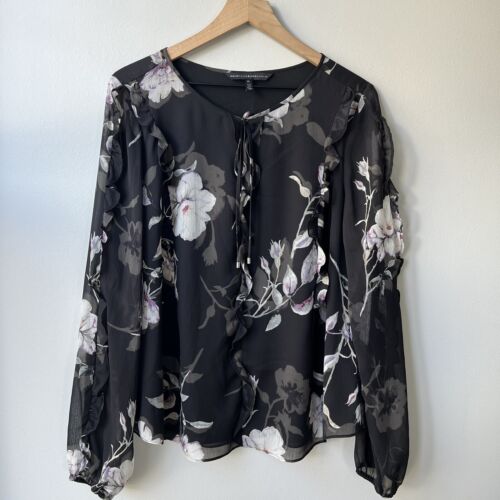 WHBM Floral Print Long Sleeve Ruffled Tie Neck Bl… - image 1