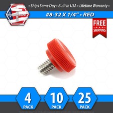 8-32 x 1/4" Thumb Screw Stainless Steel - Red Round Knurled Knob - USA