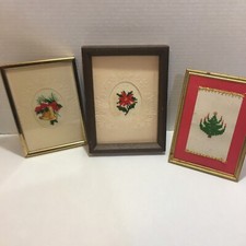Vintage Christmas Handmade Needlepoint Poinsettia Framed Red Green Lot 3