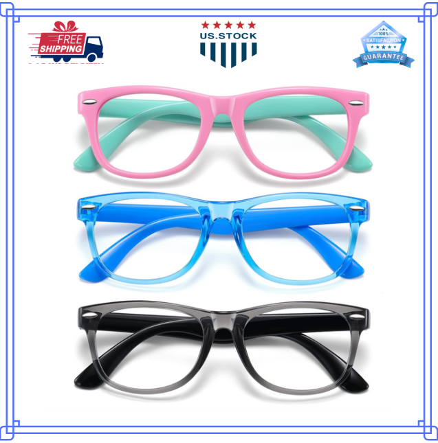 3 Pack Kids Blue Light Blocking Glasses in Grey Black Pink Green Blue and Clear-image