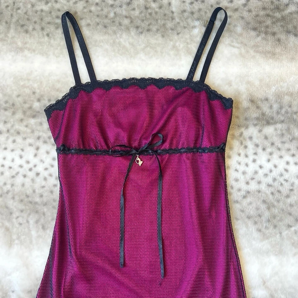 Vintage Baby Phat Pink & Black Mesh Baby Doll Slip Dress Sz S Y2k Bow Tie Slits - Image 4 of 4