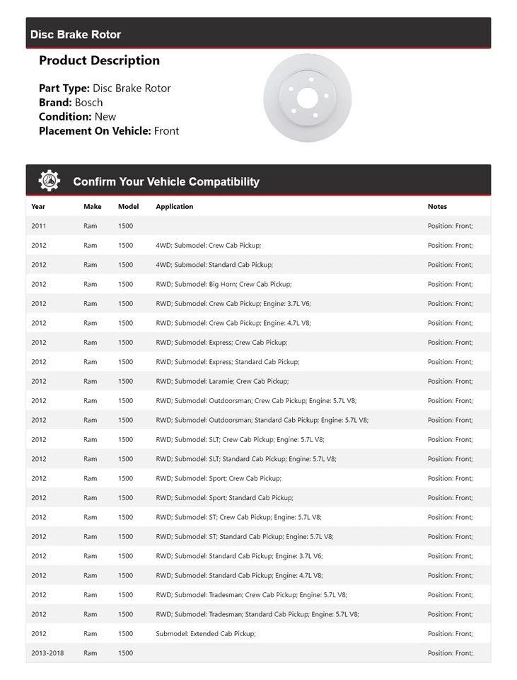 Rotor de freno de disco delantero QuietCast Bosch 2011-2018 Ram 1500 2012 2013 2014 Foto 2 de 4
