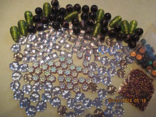 VTG GLASS RHINESTONES AND BEADS.  GLASS LEAVES, SMALL SQUARES & MORE A LOOK - Picture 1 of 4