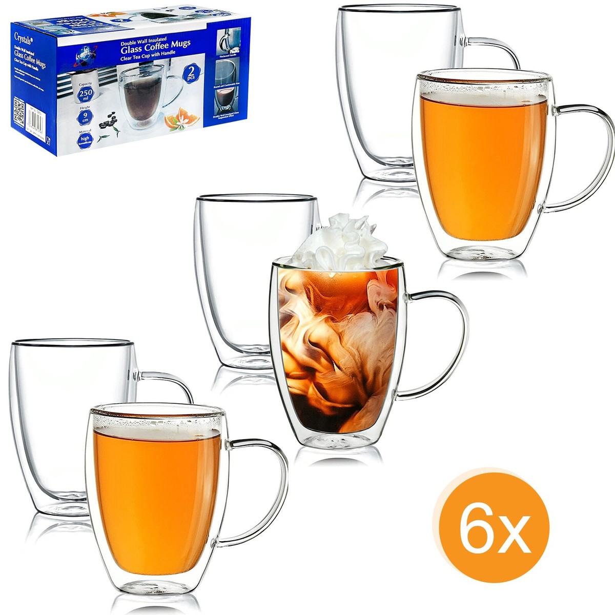 6x Double Wall Insulated Glass Coffee Tea Mugs Clear Tea Cup W
